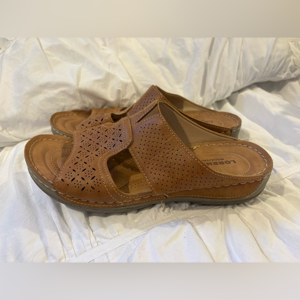 Lorenzo Moda Italy Tan Leather Comfort Slide Sandals Women’s 10 EU 42